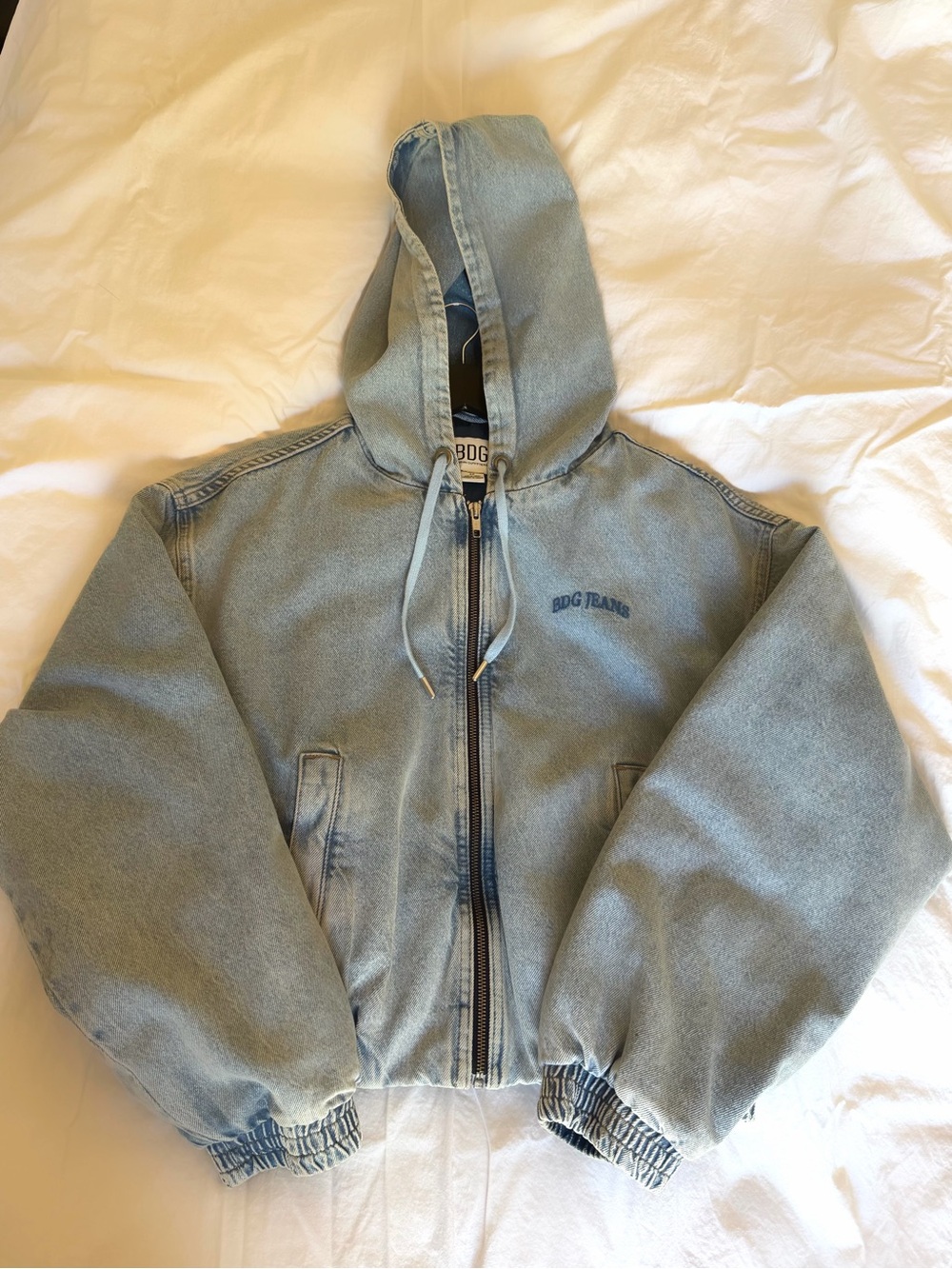 BDG Light Blue Denim Zip-Up Hooded Bomber Jacket